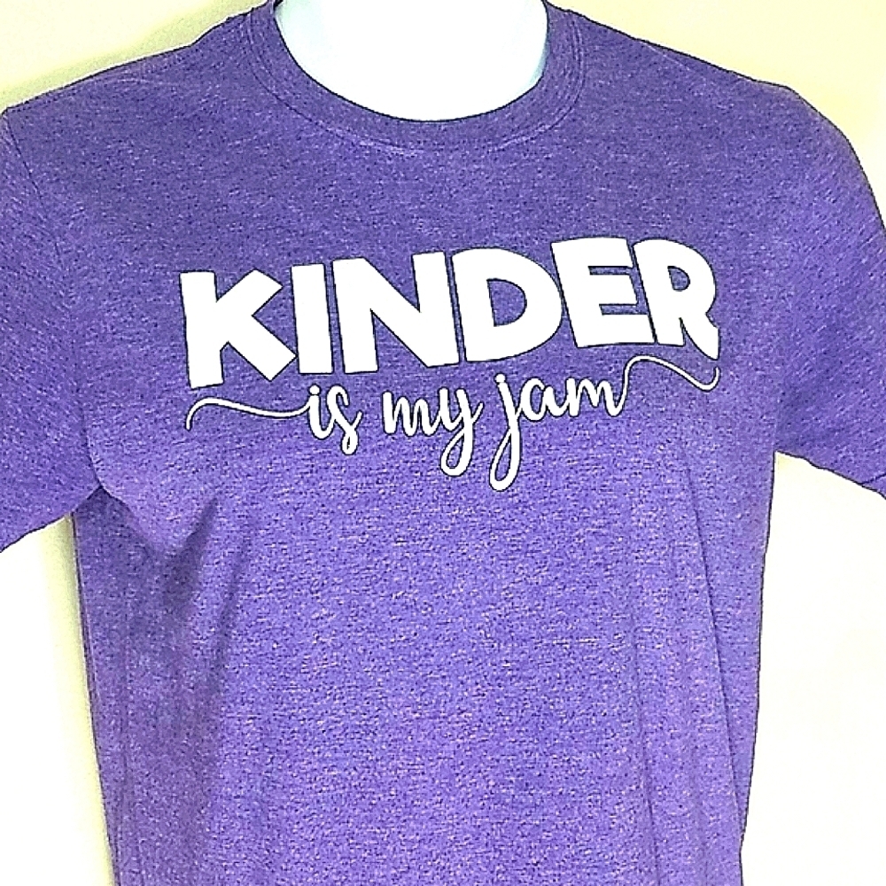 Tshirt Graphic short sleeve Kinder Is My Jam Purple White Kindergarten Teacher